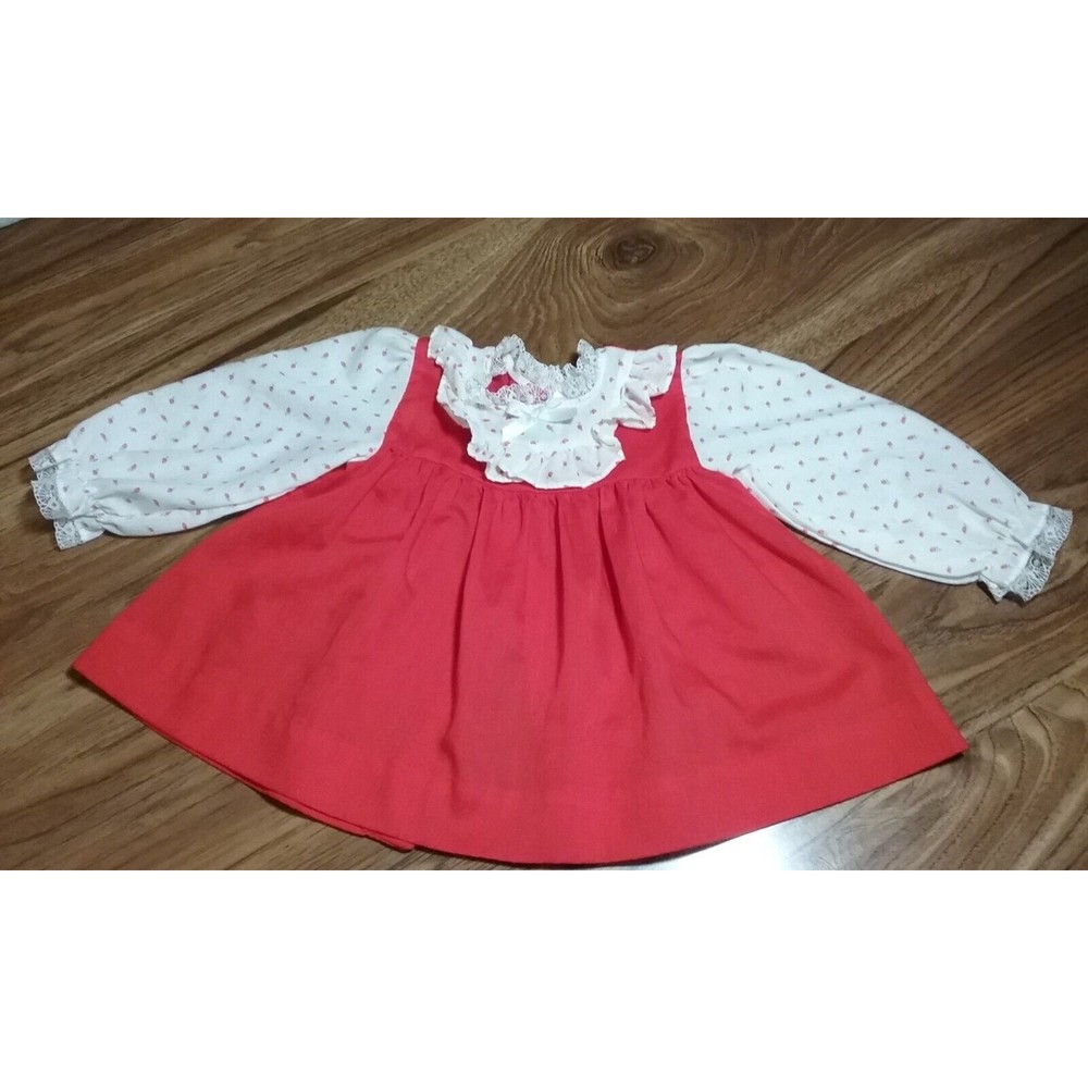 Vintage Toddle Time Red and White Rosebuds Party Dress USA Size 24 Months
